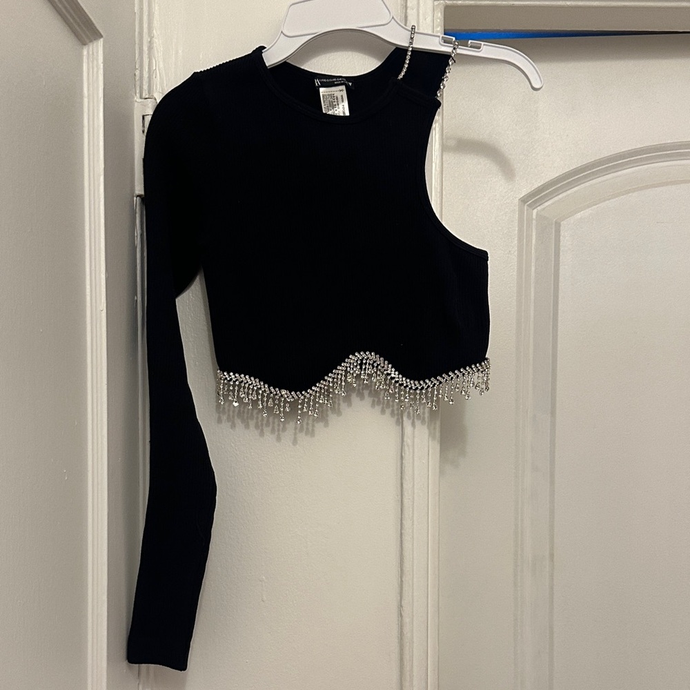 Zara Black Asymmetrical Crop Top with Silver Fringe - Preloved